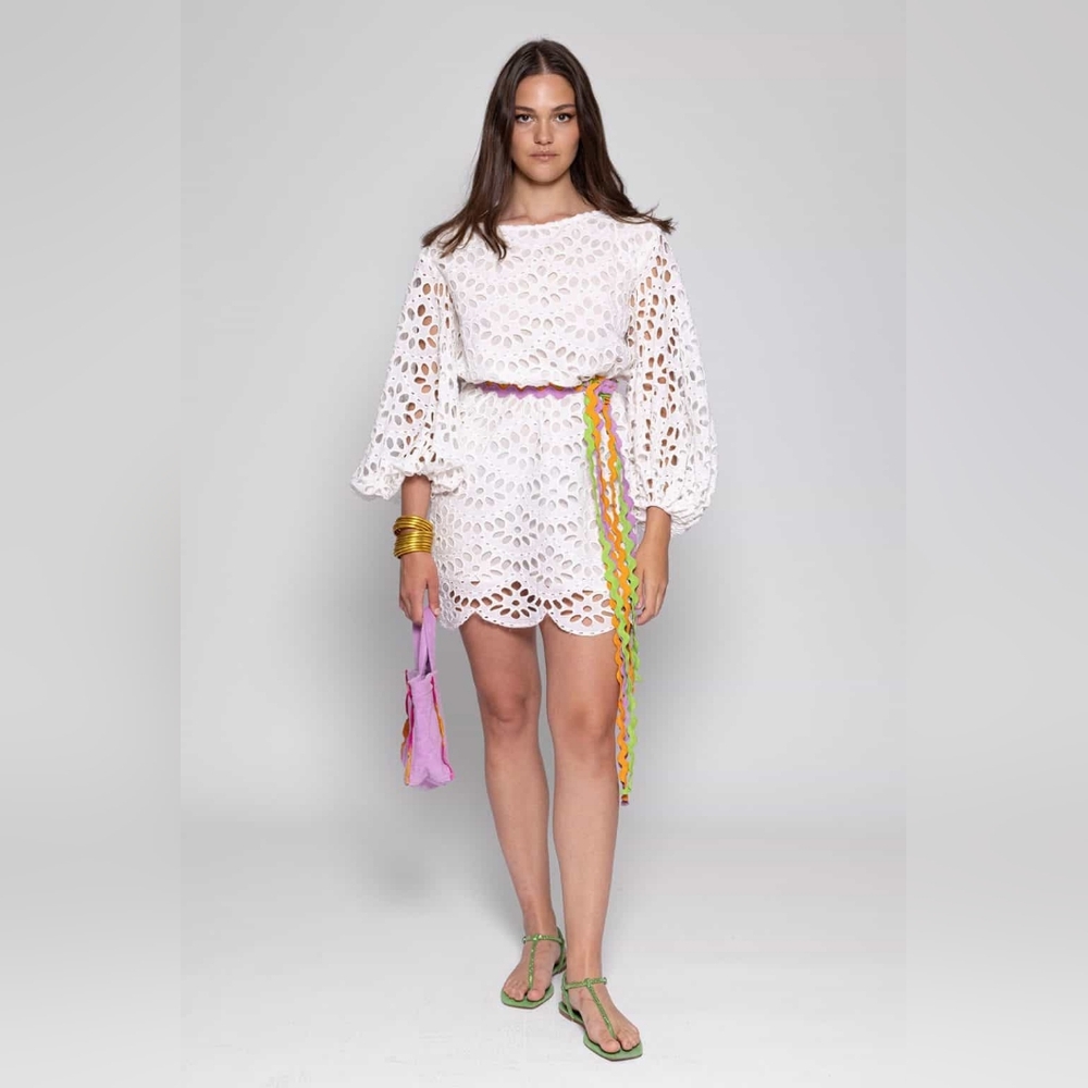 Sundress Edo Cotton Eyelet Babydoll Mini Dress V Plunging Neckline Ric Rac Trim - Picture 8 of 16